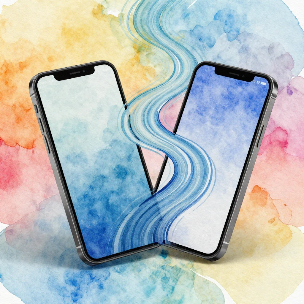 Vibrant watercolor style, abstract art, two smartphones subt...