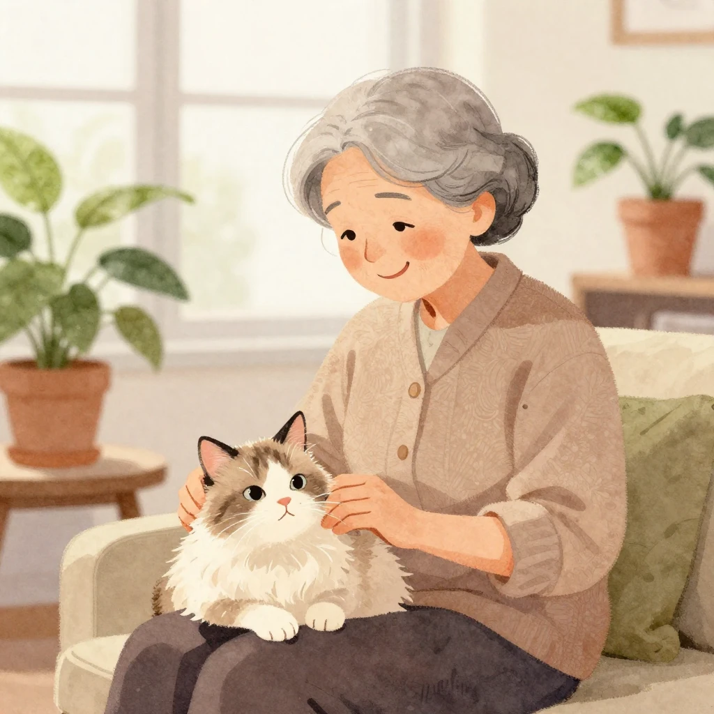 A gentle watercolor illustration depicting an elderly woman ...