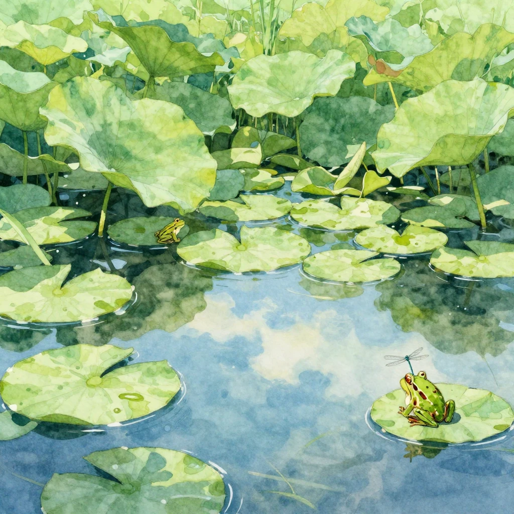 A serene pond scene with lush greenery, lily pads, and clear...