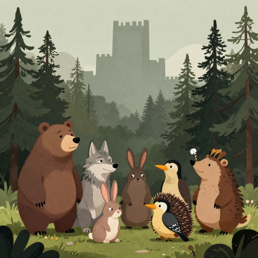 A group of anthropomorphic forest animals (bear, wolf, rabbi...