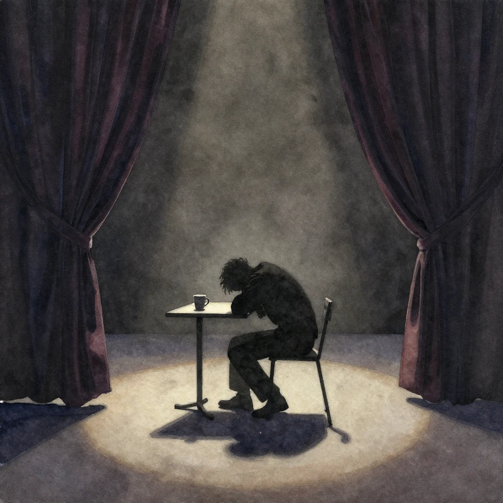 Watercolor painting of a lone figure in silhouette, slumped ...