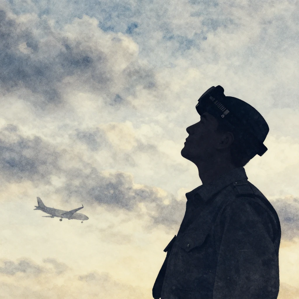 A watercolor style image of a pilot's silhouette looking up ...