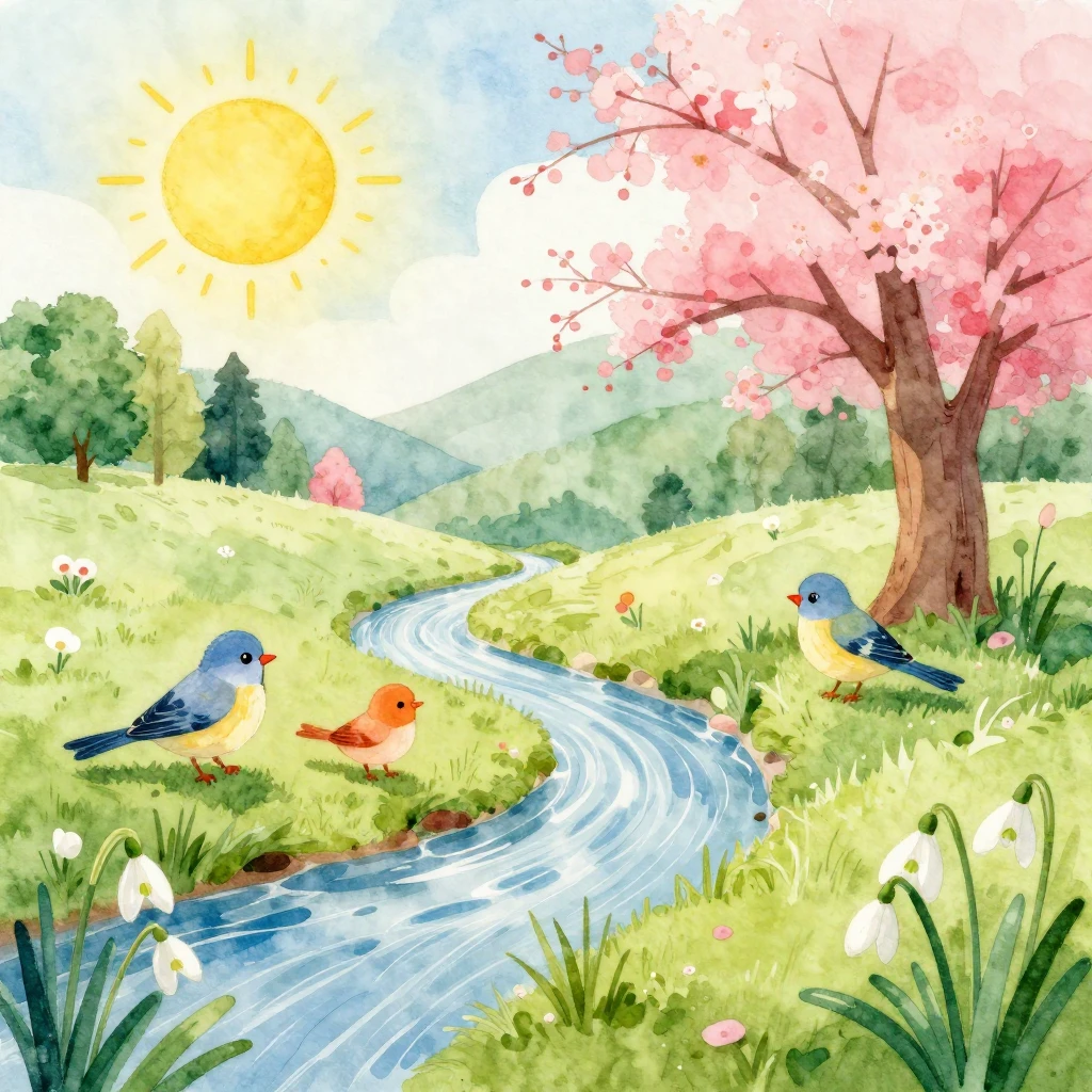 Vibrant watercolor painting of a spring landscape with brigh...