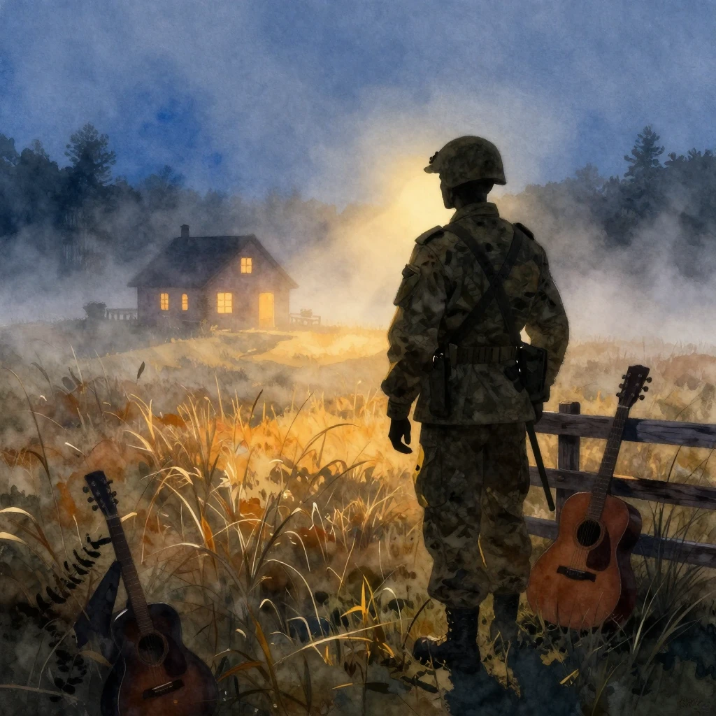 Watercolor painting of a soldier silhouette in misty field a...
