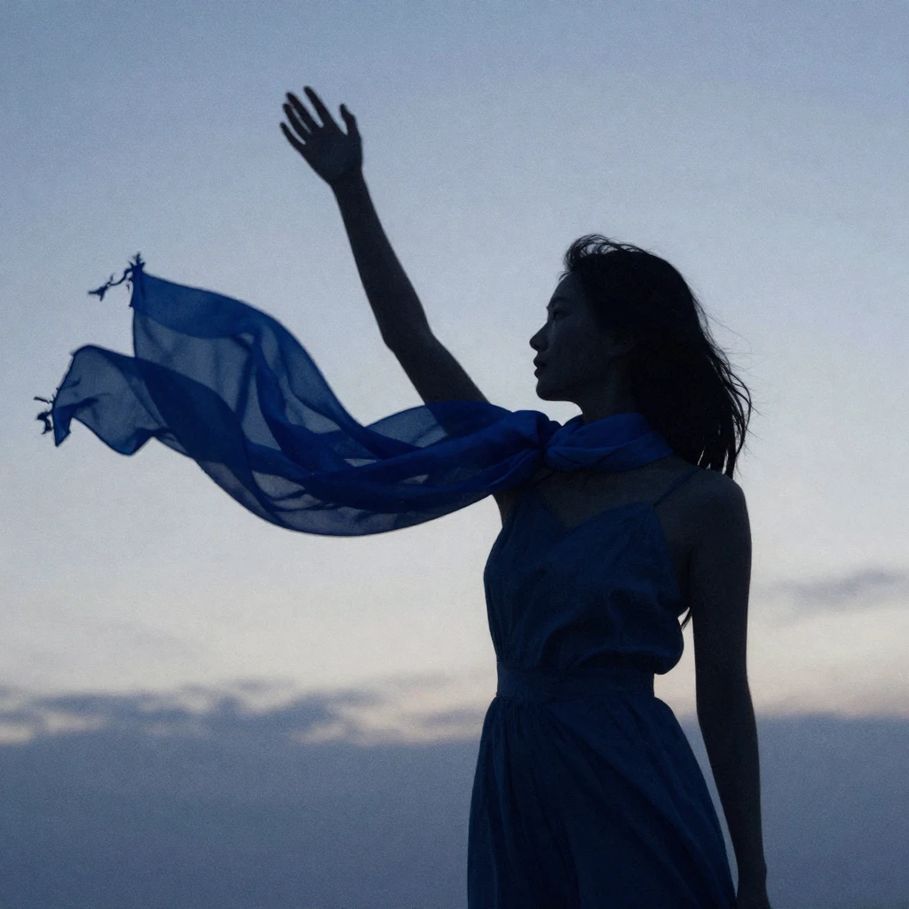Watercolor style. Silhouette of a woman waving a blue silk s...