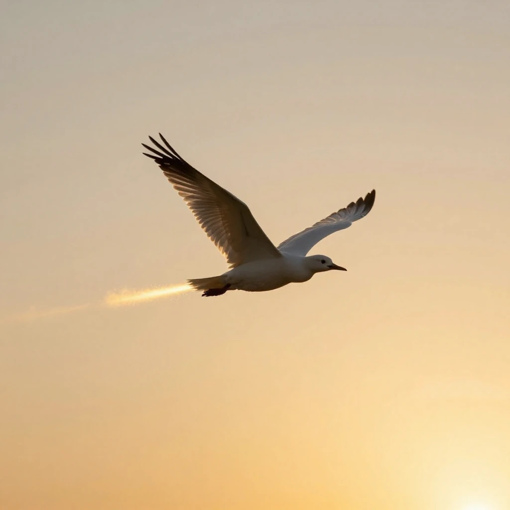 A lone, majestic white bird with outstretched wings soaring ...
