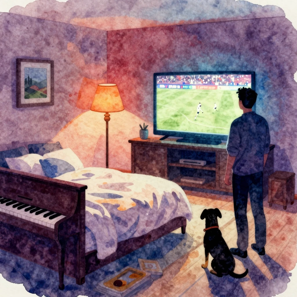 Vibrant watercolor style. A cozy, dimly lit room with a floo...