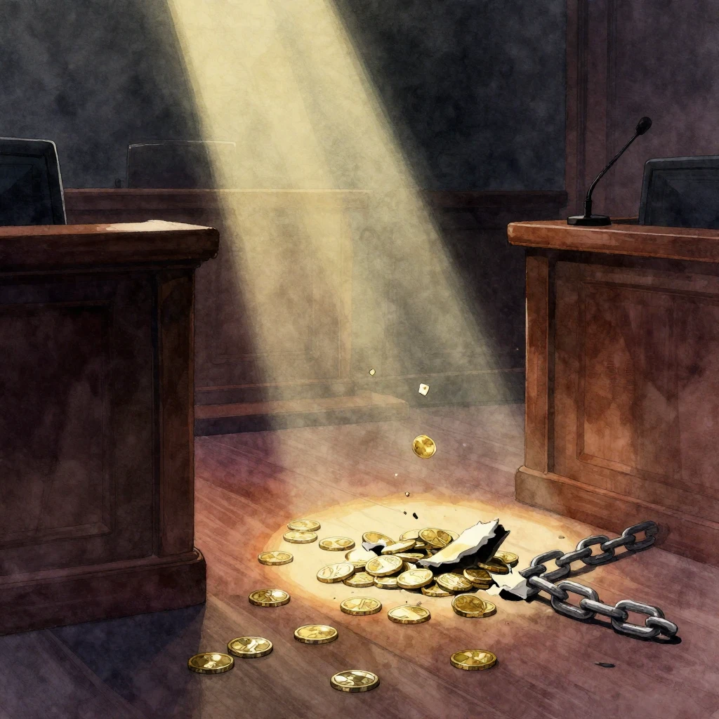 A dark, oppressive courtroom scene with a single ray of ligh...