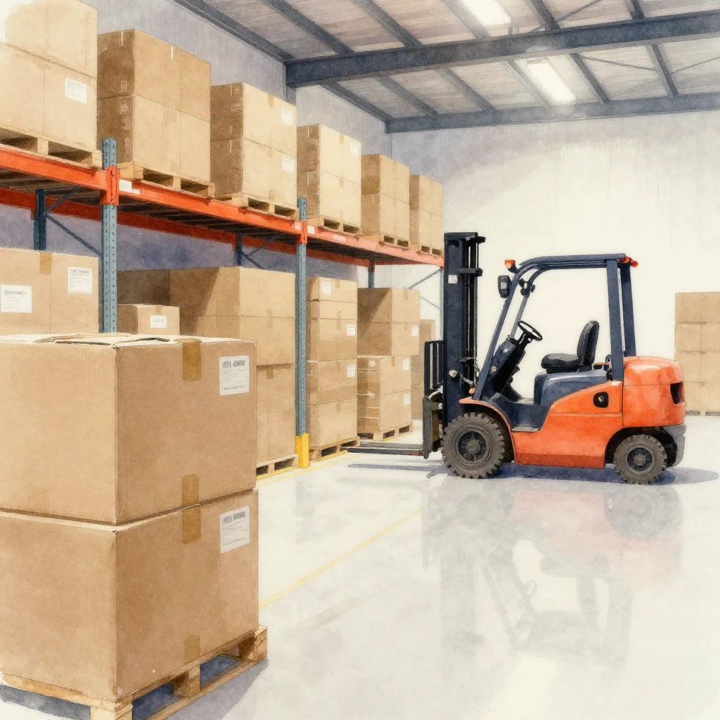 A watercolor painting of a modern, organized warehouse inter...