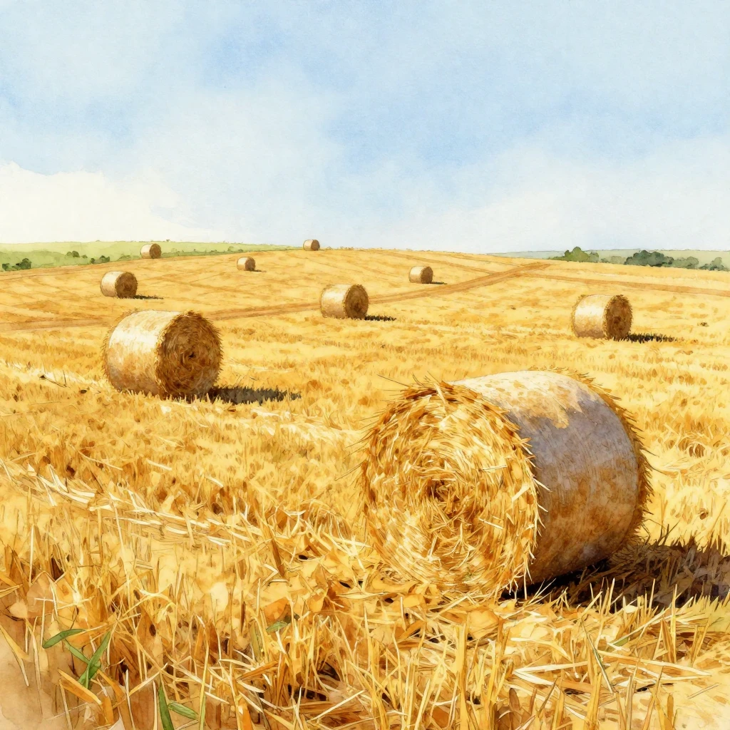 Vibrant watercolor style. A field of neatly mown hay, with r...
