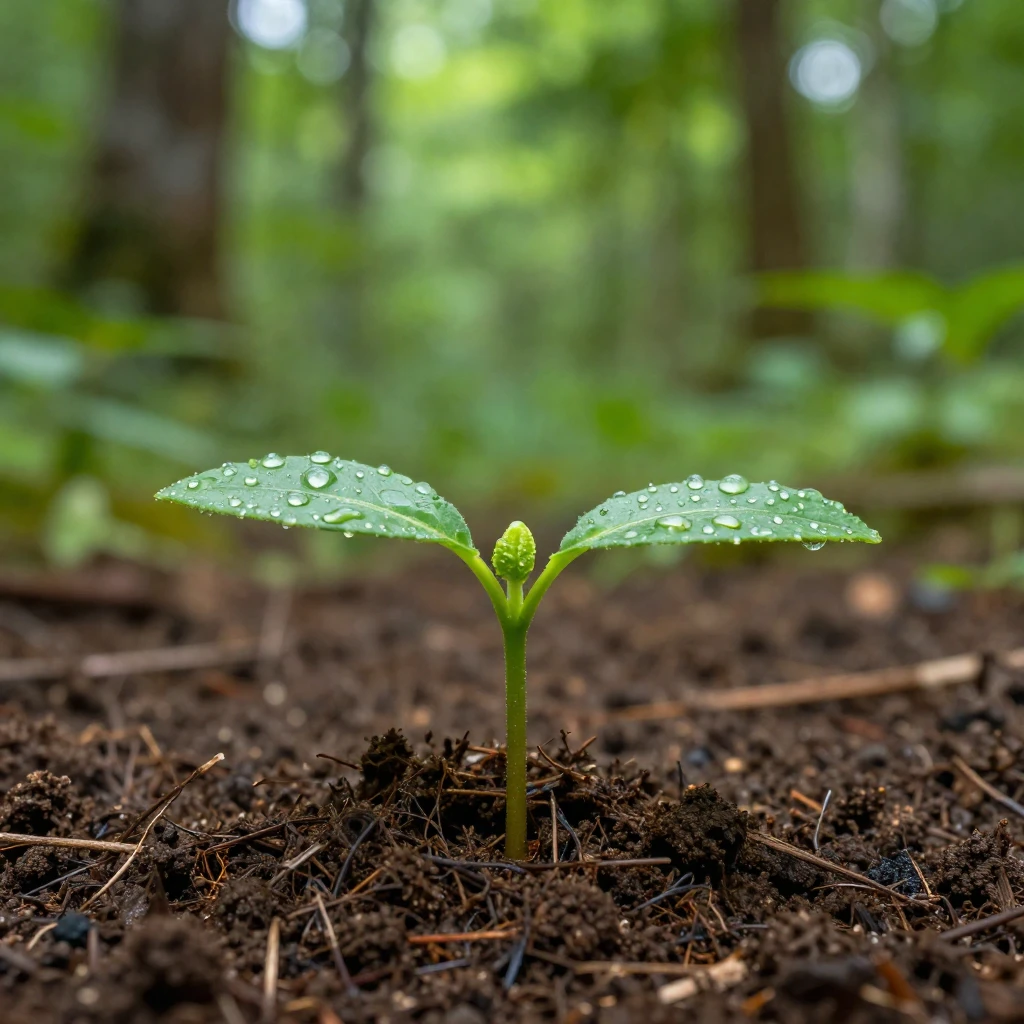 A close-up of a young, green plant seedling emerging from ri...