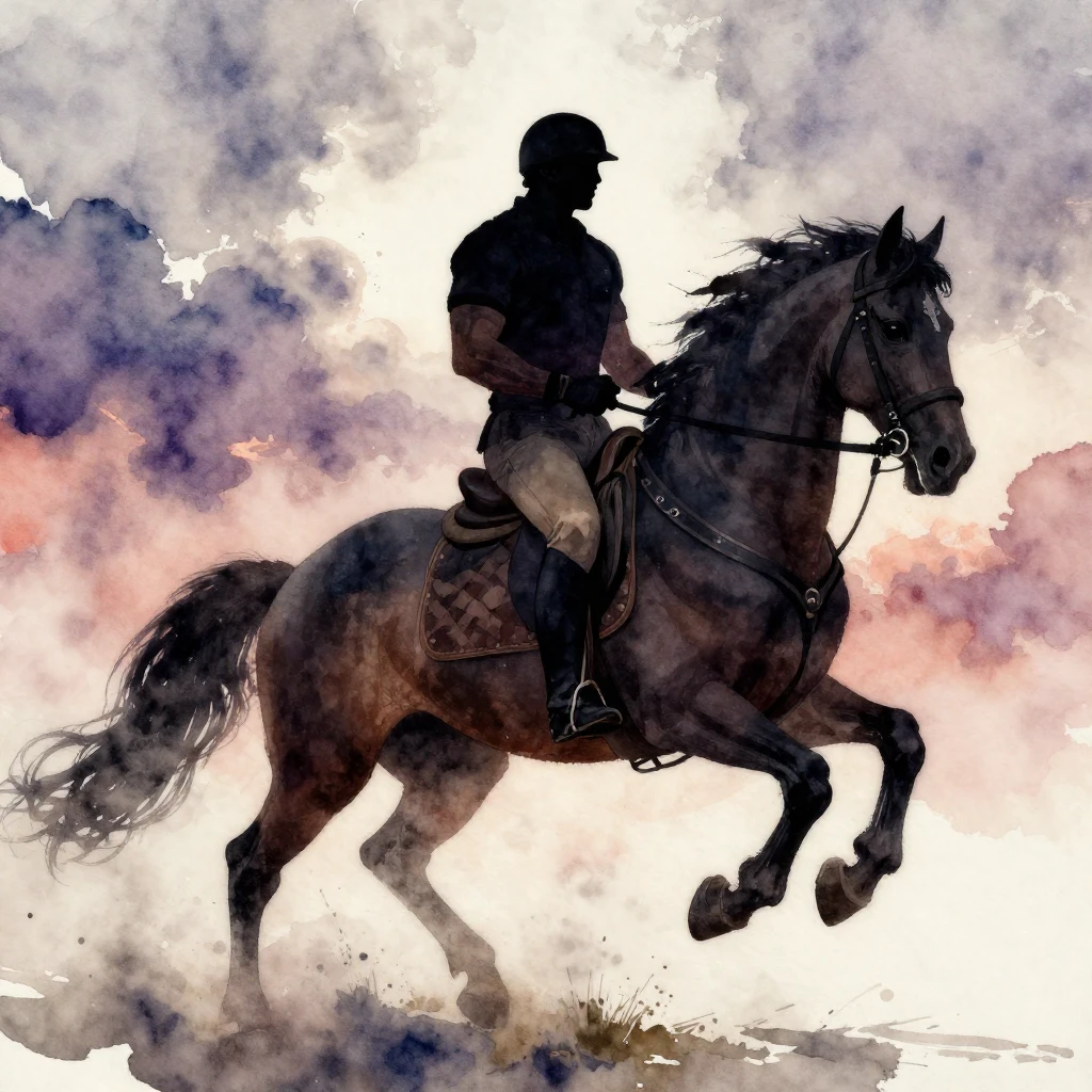 A muscular rider on a powerful, armored horse, silhouetted a...