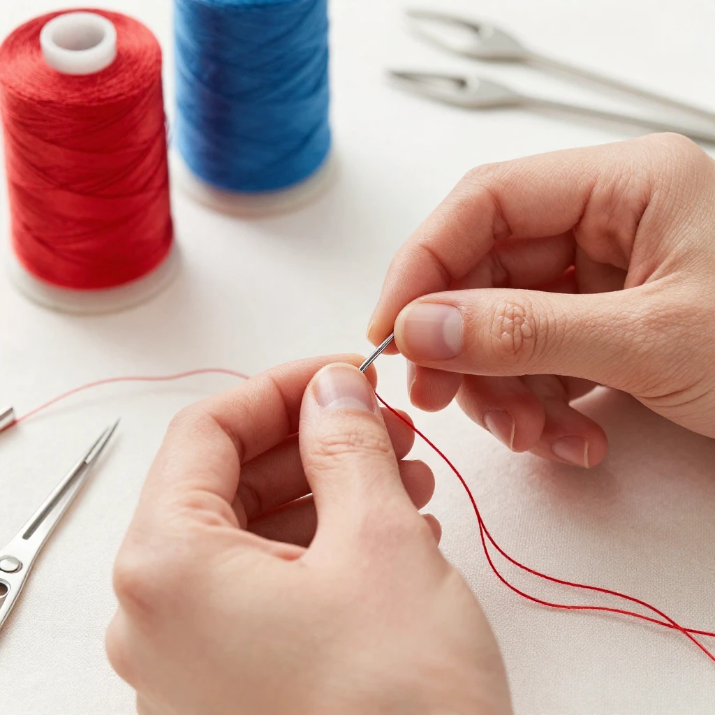 A close-up of hands working with a needle and vibrant red si...