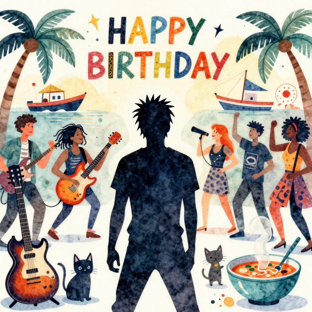 A vibrant punk birthday party illustration in watercolor sty...