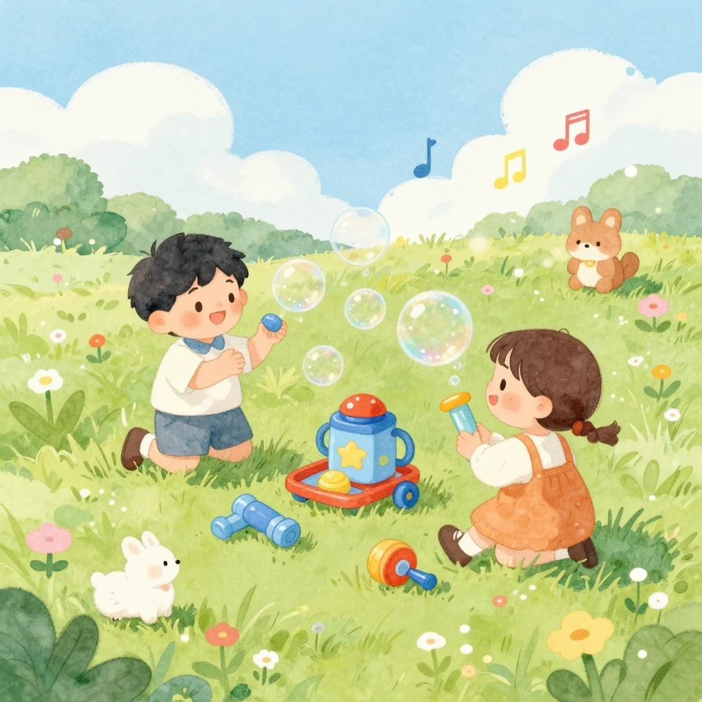 A whimsical illustration of children playing with colorful t...