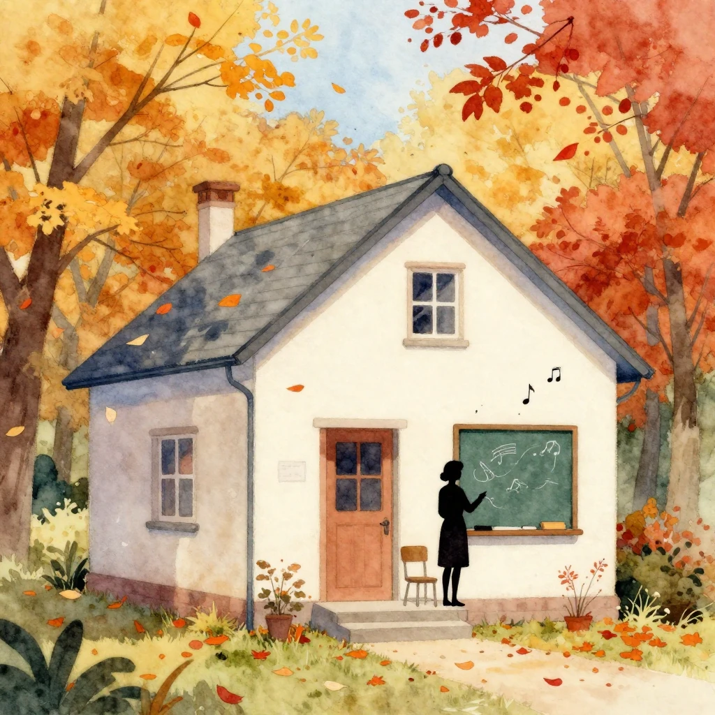 A vibrant watercolor painting depicting a serene rural schoo...