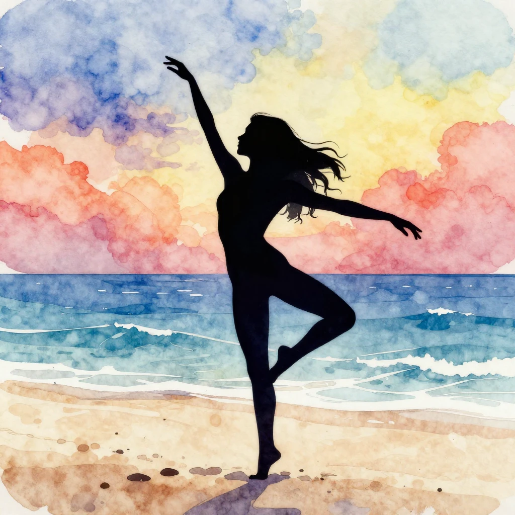 Watercolor style. Silhouette of a girl dancing on the beach,...