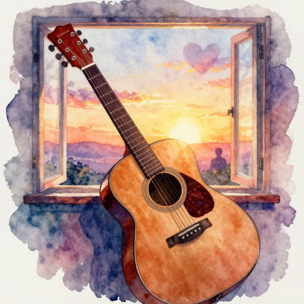 A vibrant watercolor painting featuring an acoustic guitar p...