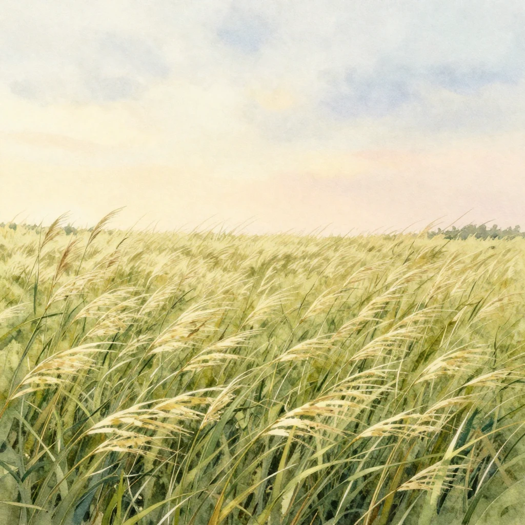 A vast field of tall, swaying grass under a soft, warm sky, ...