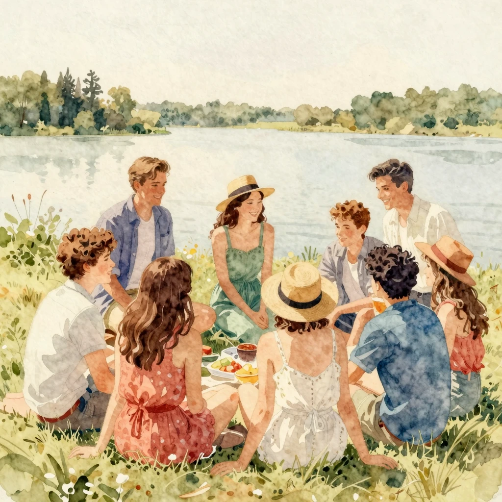 Watercolor painting in a vintage style, depicting a group of...