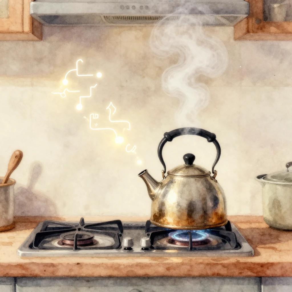 A watercolor painting of a cozy kitchen scene. A boiling ket...