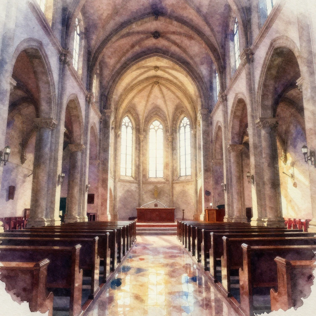 Vibrant watercolor style. Interior of an old, empty church w...