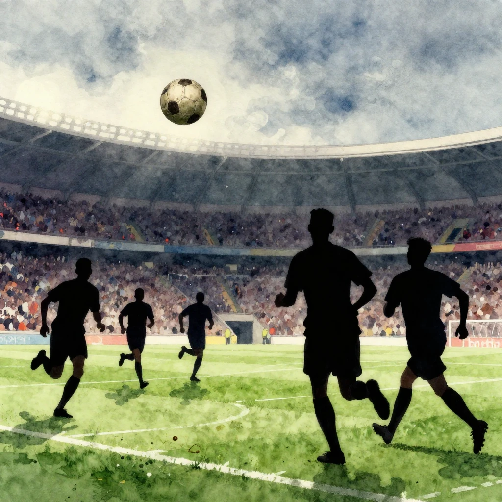 A dynamic football match scene, silhouettes of players runni...