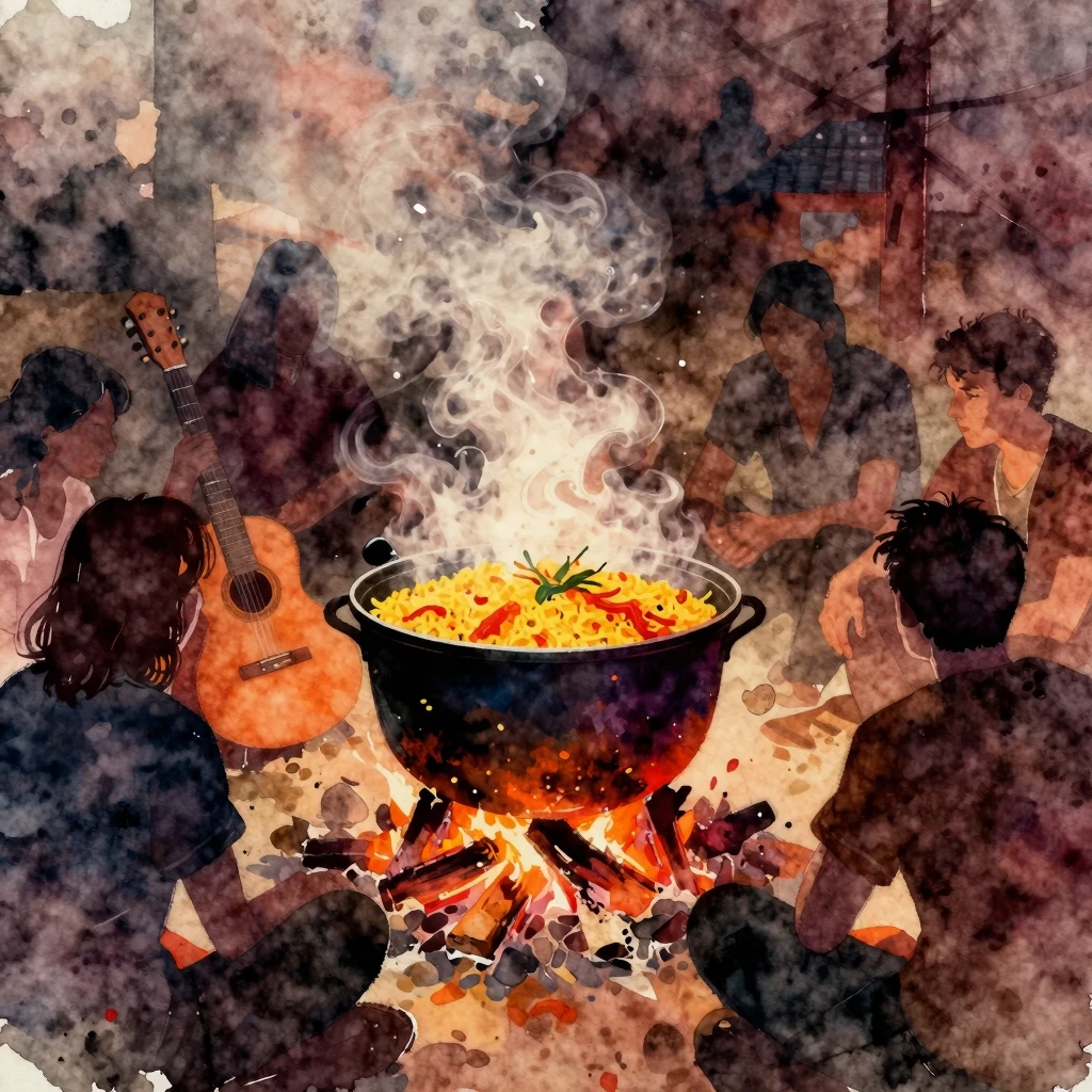 Vibrant watercolor style. Grunge rock album cover, a steamin...