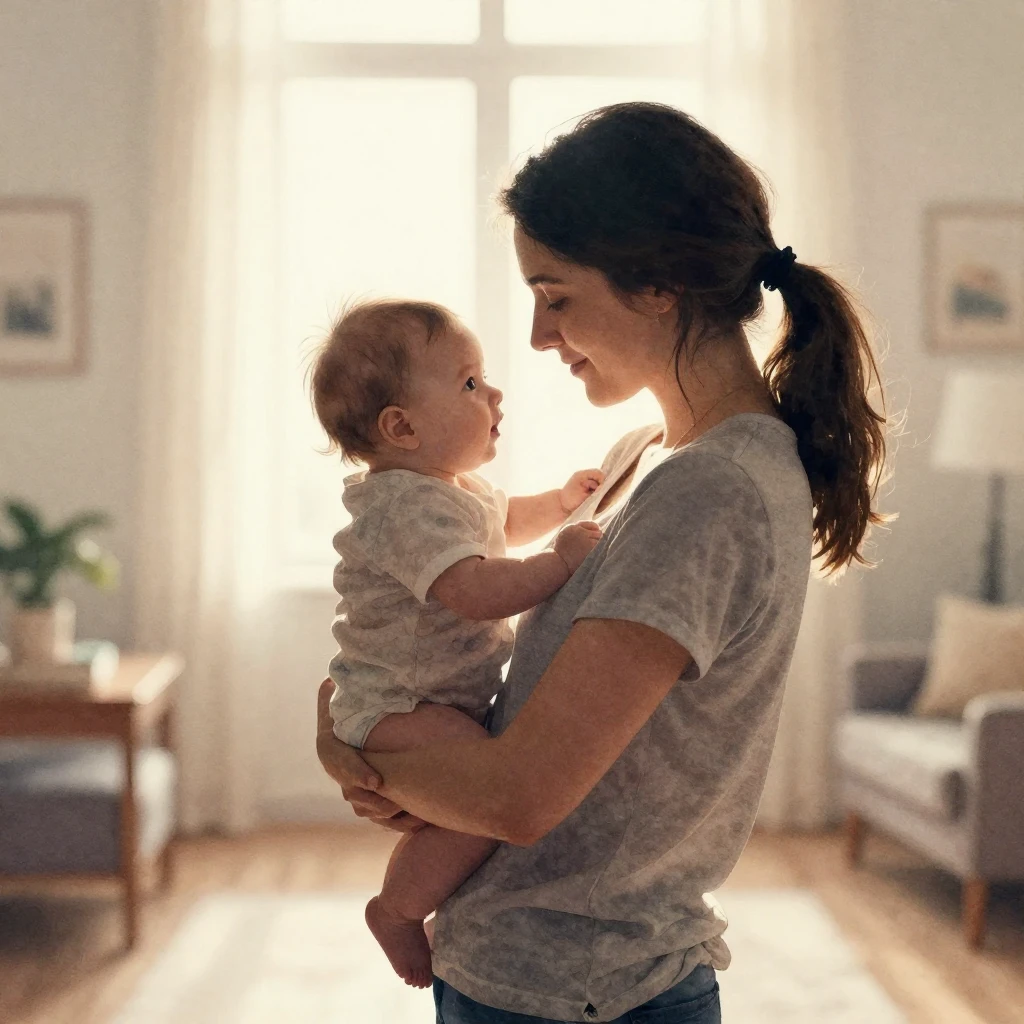 A silhouette of a young mother gently holding her baby, warm...