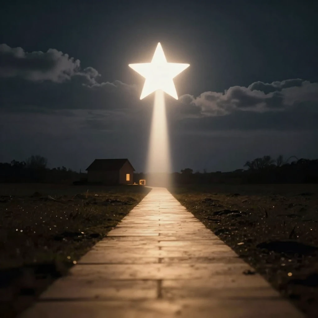 A bright, prominent guiding star in a dark, cloudy sky, its ...