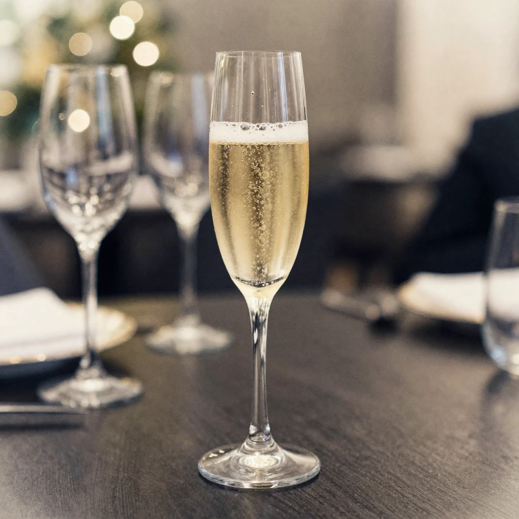 A close-up of a bubbling glass of champagne on a dark, elega...