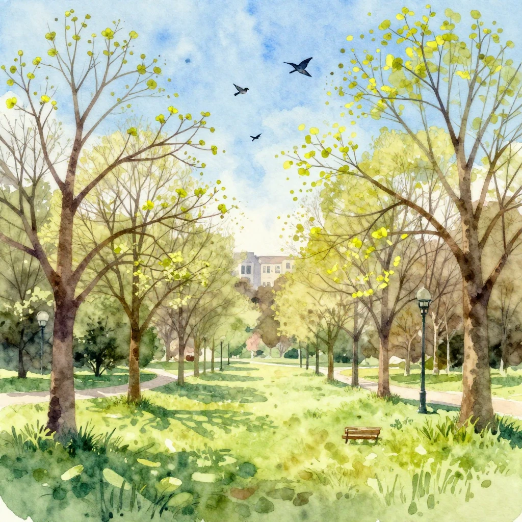 A vibrant spring park in watercolor style, with bare trees s...