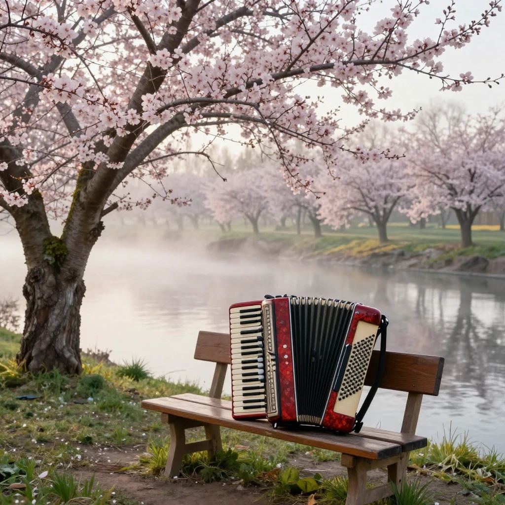 A blooming cherry orchard at dawn by a calm river with light...