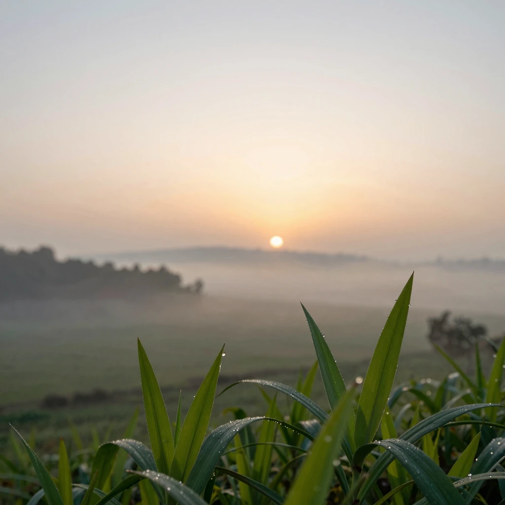 A serene sunrise over a calm landscape, with soft, warm ligh...