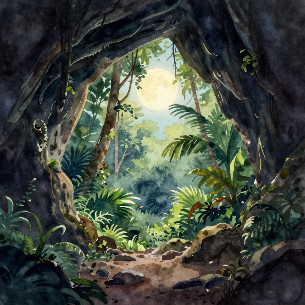 Vibrant watercolor illustration of a dark, damp cave interio...