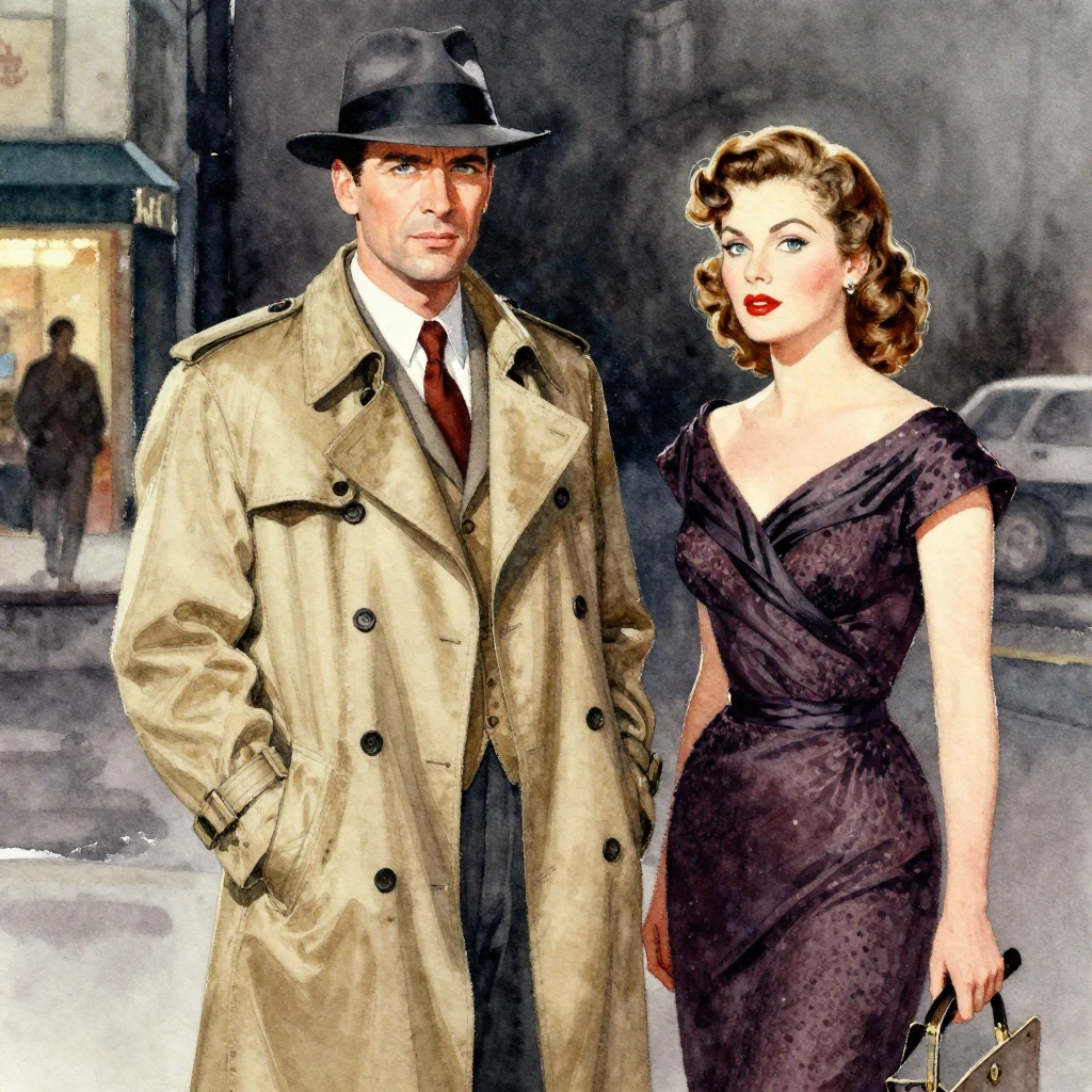 A watercolor painting depicting a man in a classic trench co...