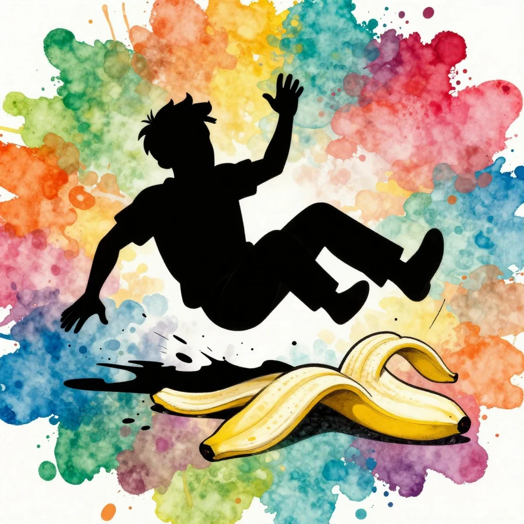 A cartoon silhouette of a clumsy man dramatically slipping o...