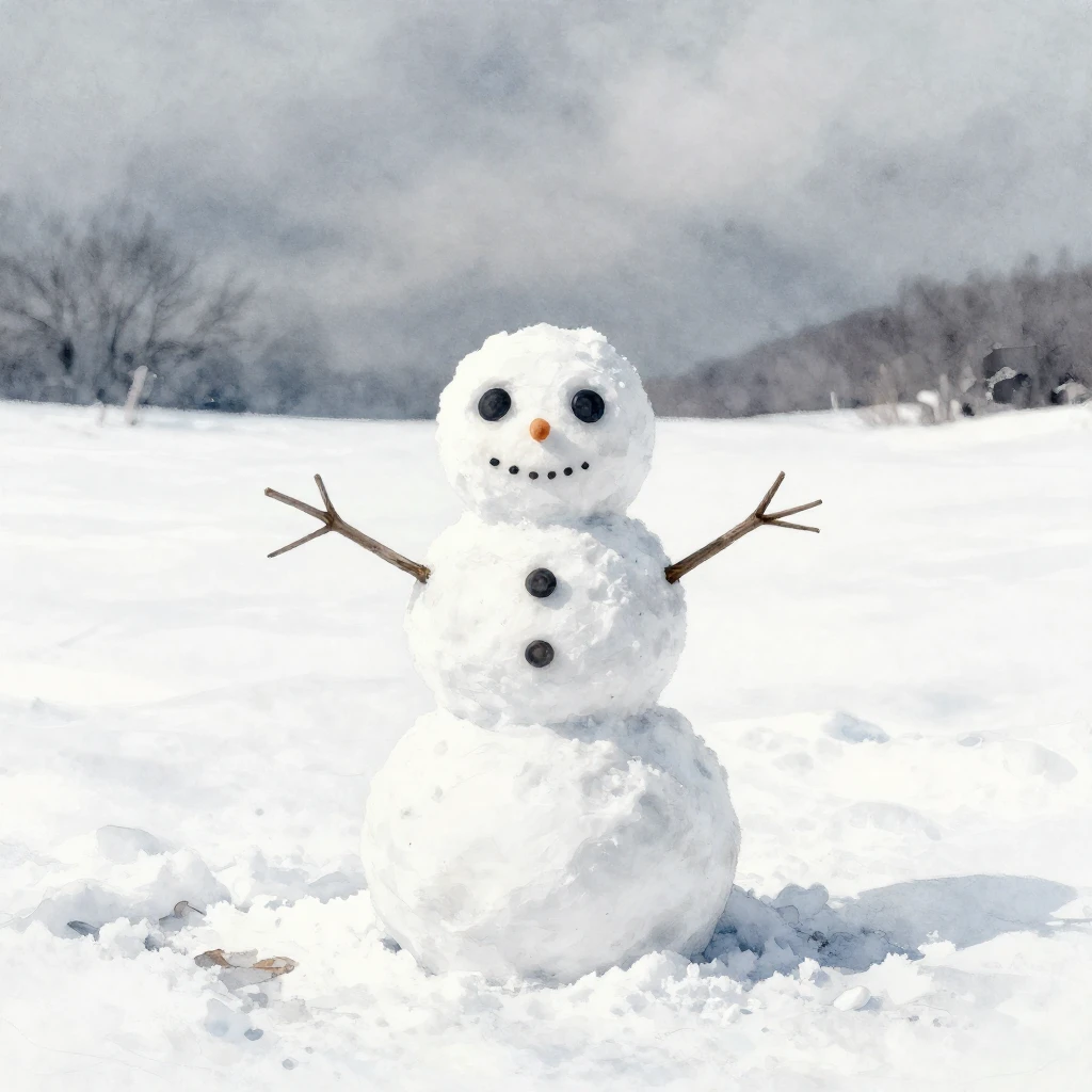 A small, slightly melting snowman, with a single button eye,...