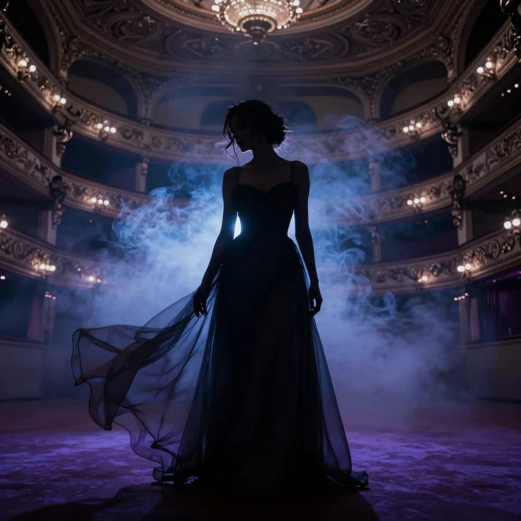 A dramatic, dark, and elegant silhouette of a woman in a flo...
