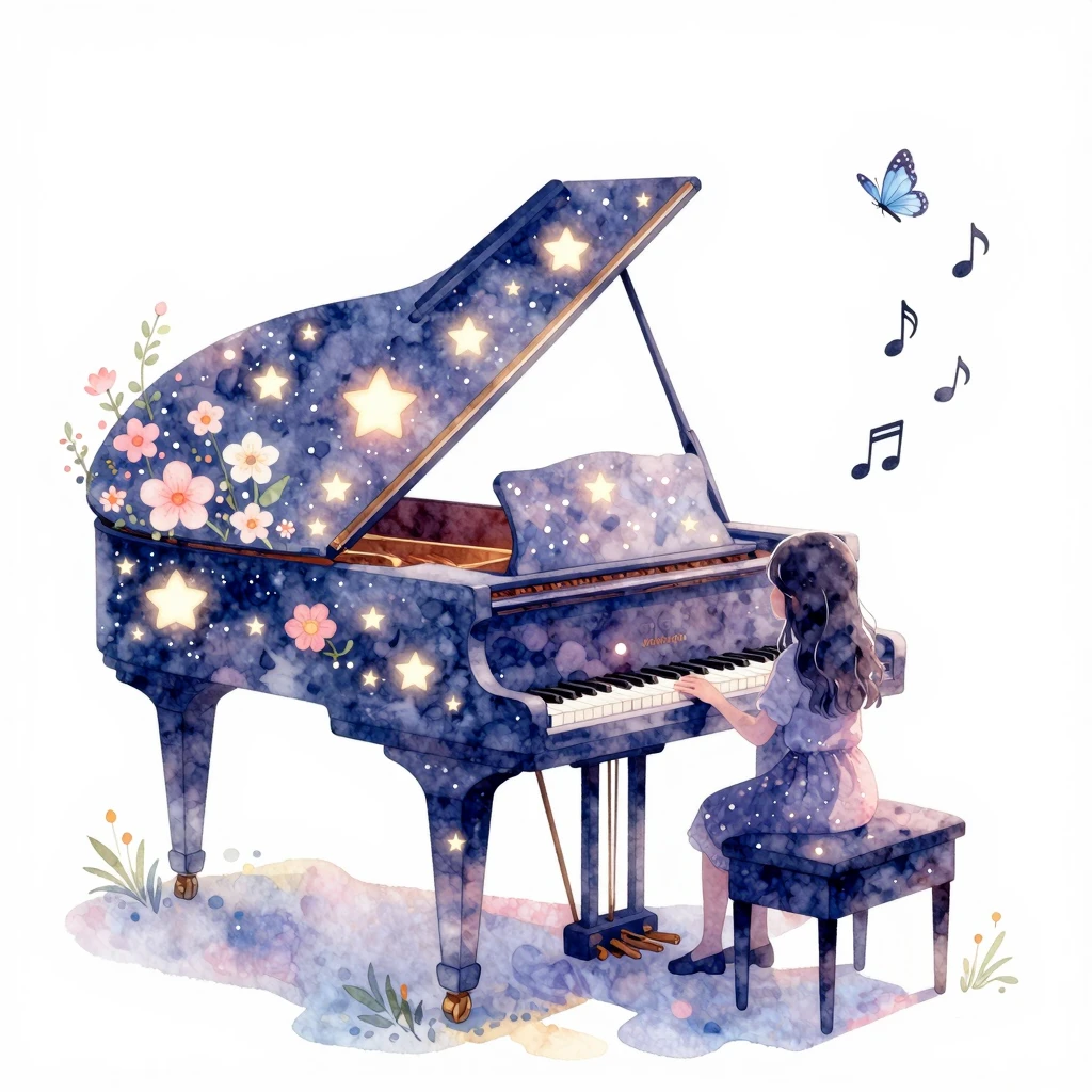 Watercolor style illustration of a grand piano made of glowi...