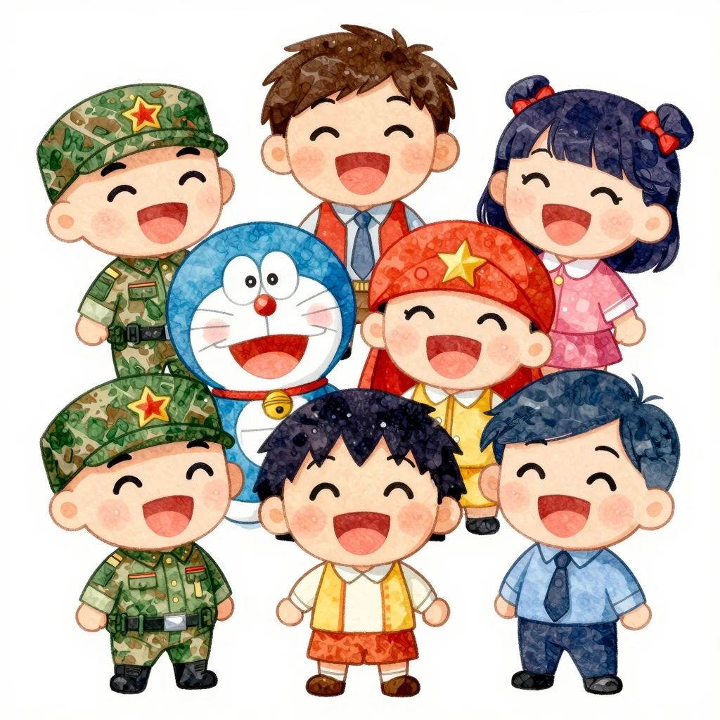 Vibrant watercolor style. Chibi characters drawing and laugh...