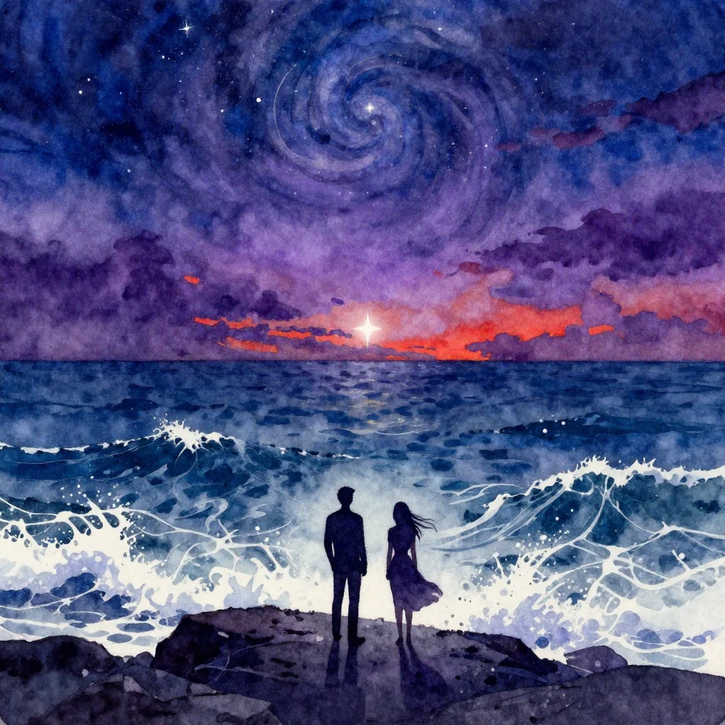 A vibrant watercolor painting of a romantic seascape. Two si...