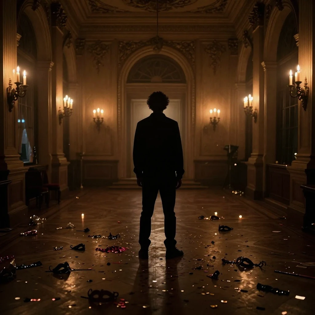 A grand, ornate hall, dimly lit by fading candlelight. Scatt...