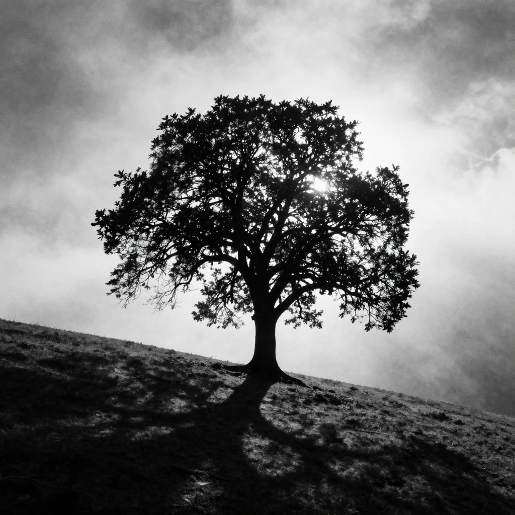 A high-contrast black and white photograph of a lone tree on...