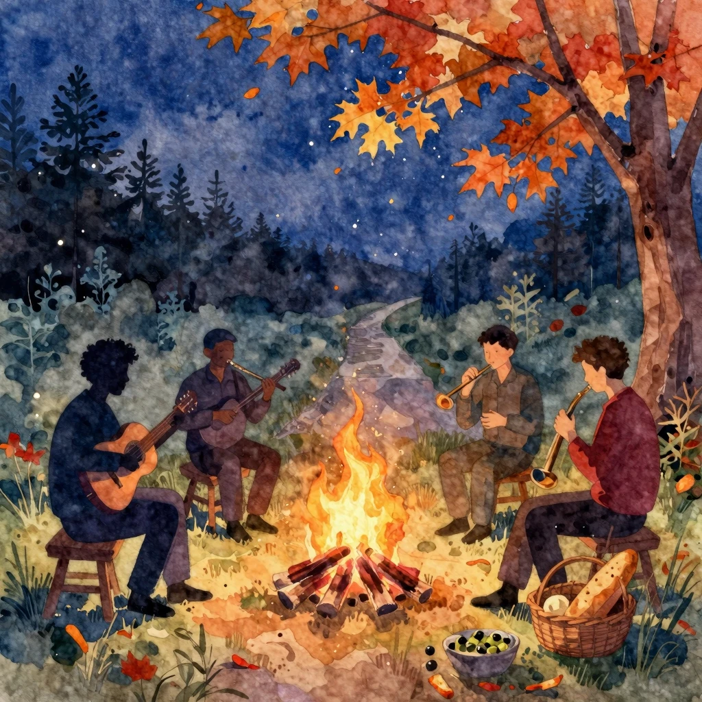Vibrant watercolor style. Wandering musicians, a silhouette ...