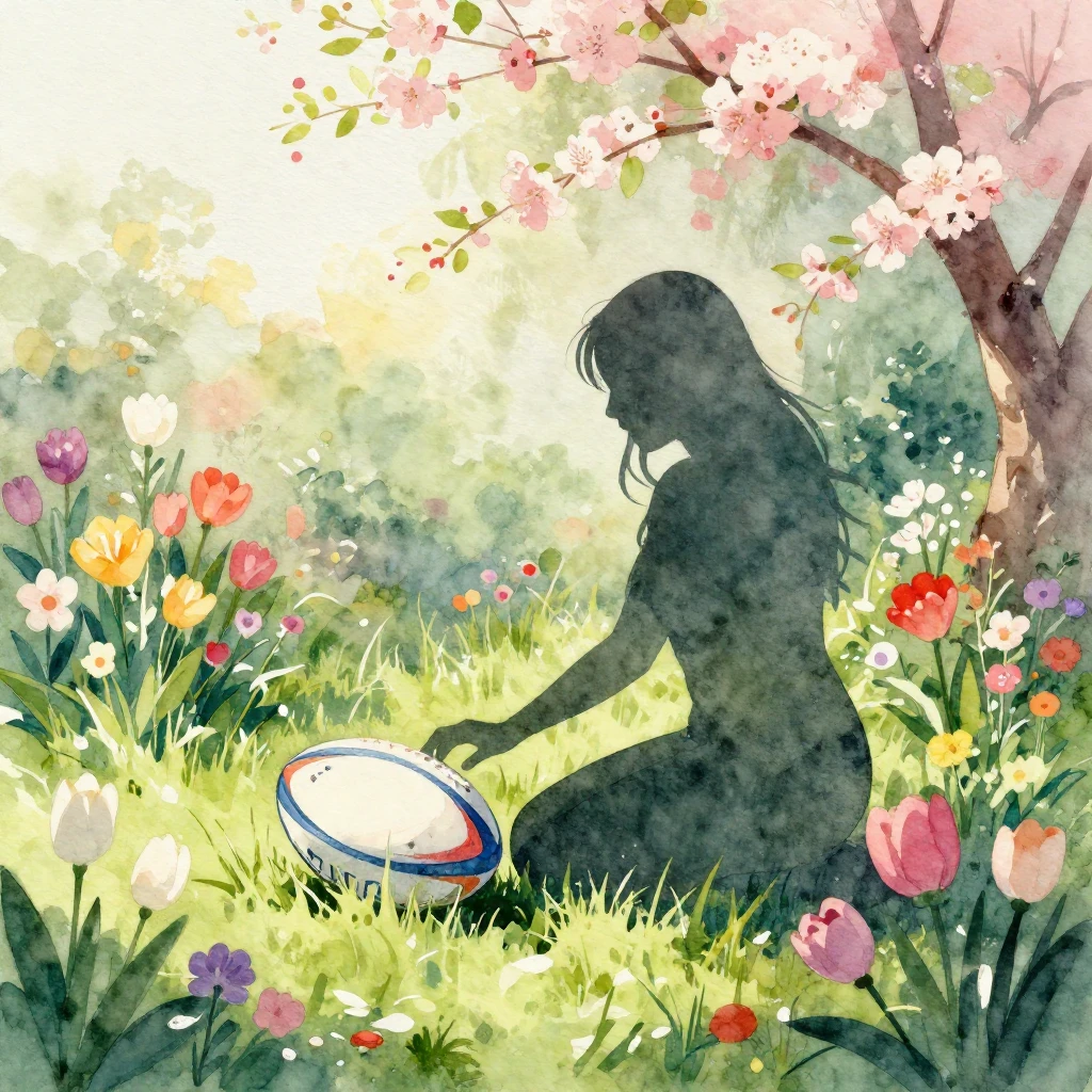 A blooming spring garden under soft sunlight, with a silhoue...