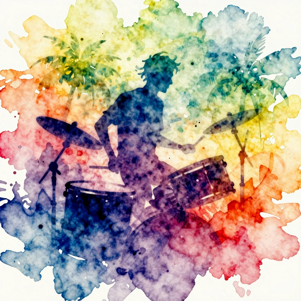 Vibrant watercolor style abstract drum and bass cover art, d...