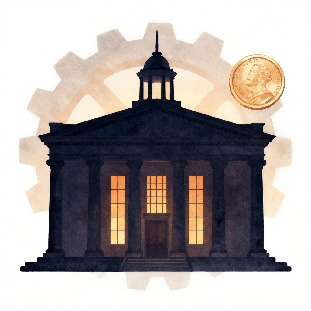 A majestic bank building silhouette at sunset, with a subtle...