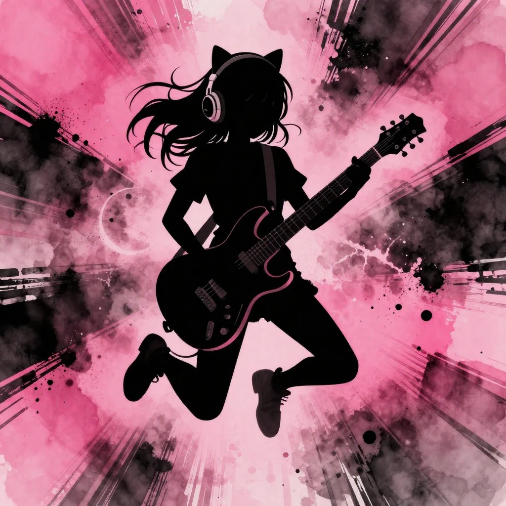 Anime style silhouette of a girl with cat ears headphones, j...