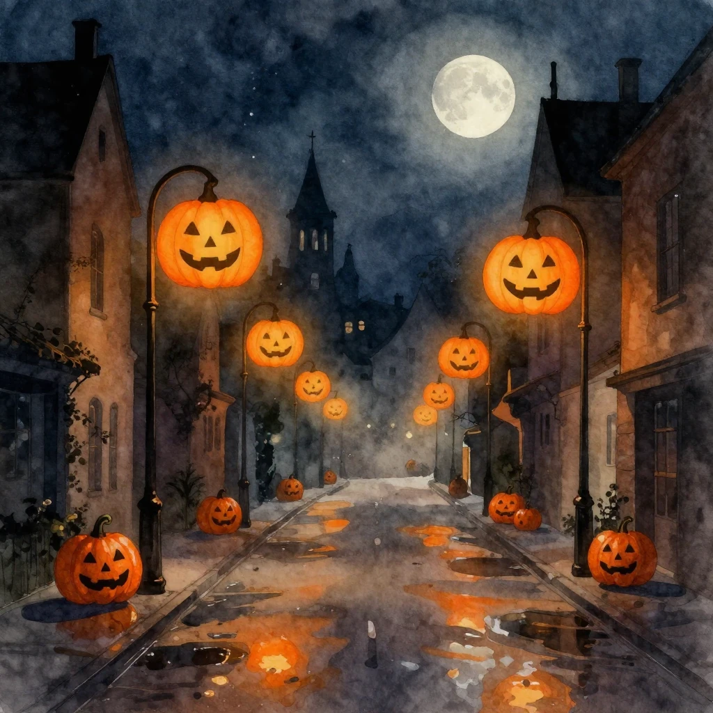 A night city street in watercolor style, with bright orange ...